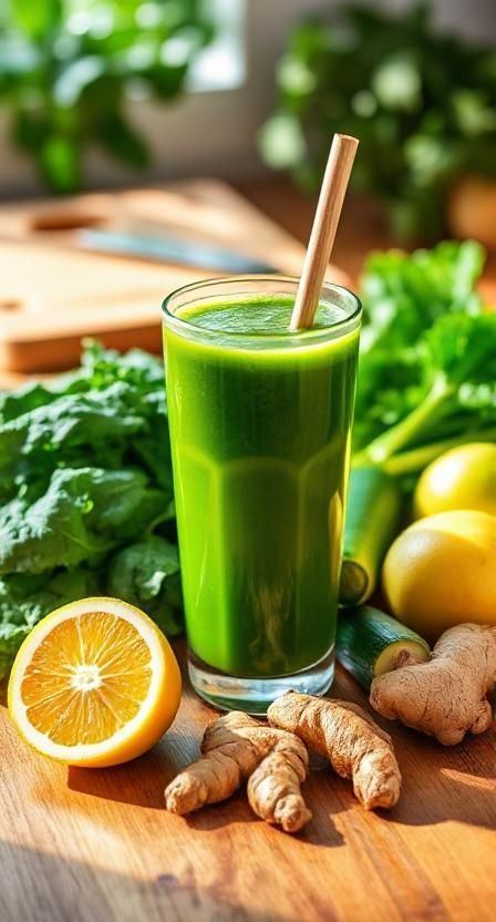 Suco Detox (Couve, pepino, laranja e gengibre).